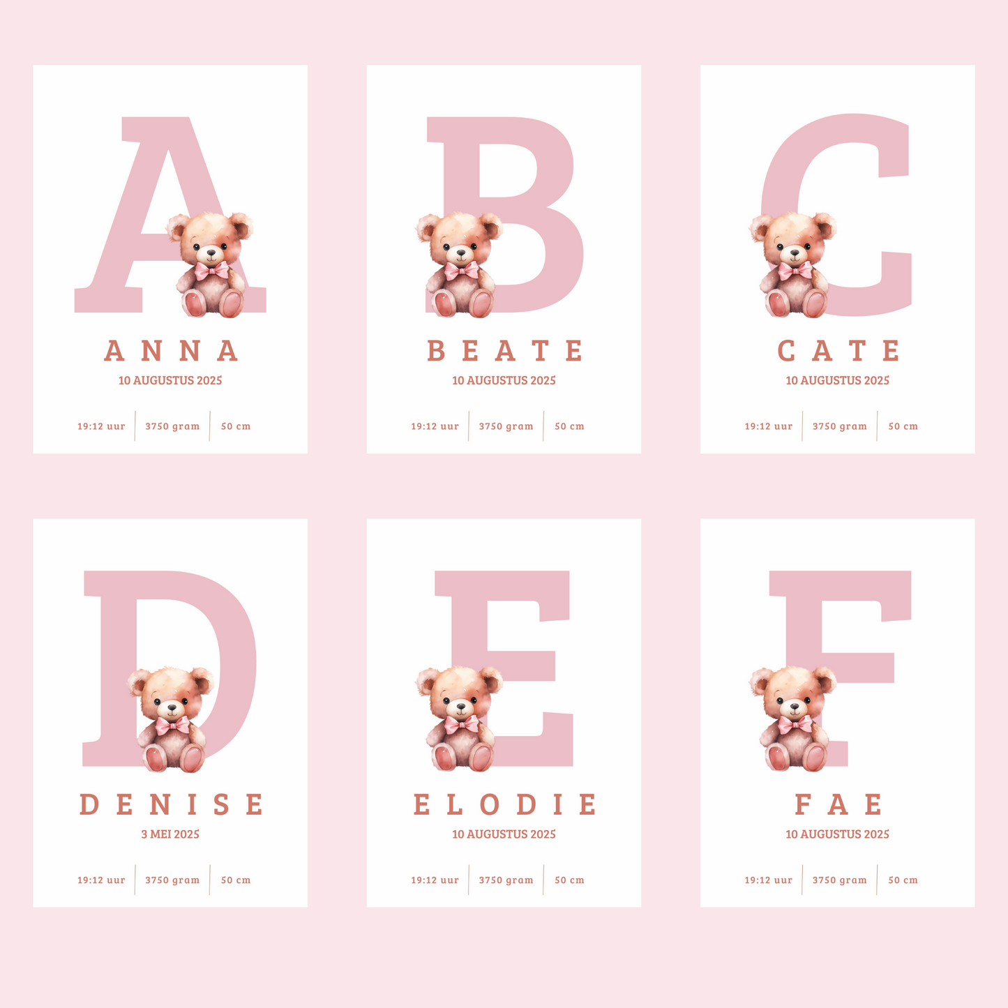 Full Color Poster | Geboorteposter Alfabet Roze