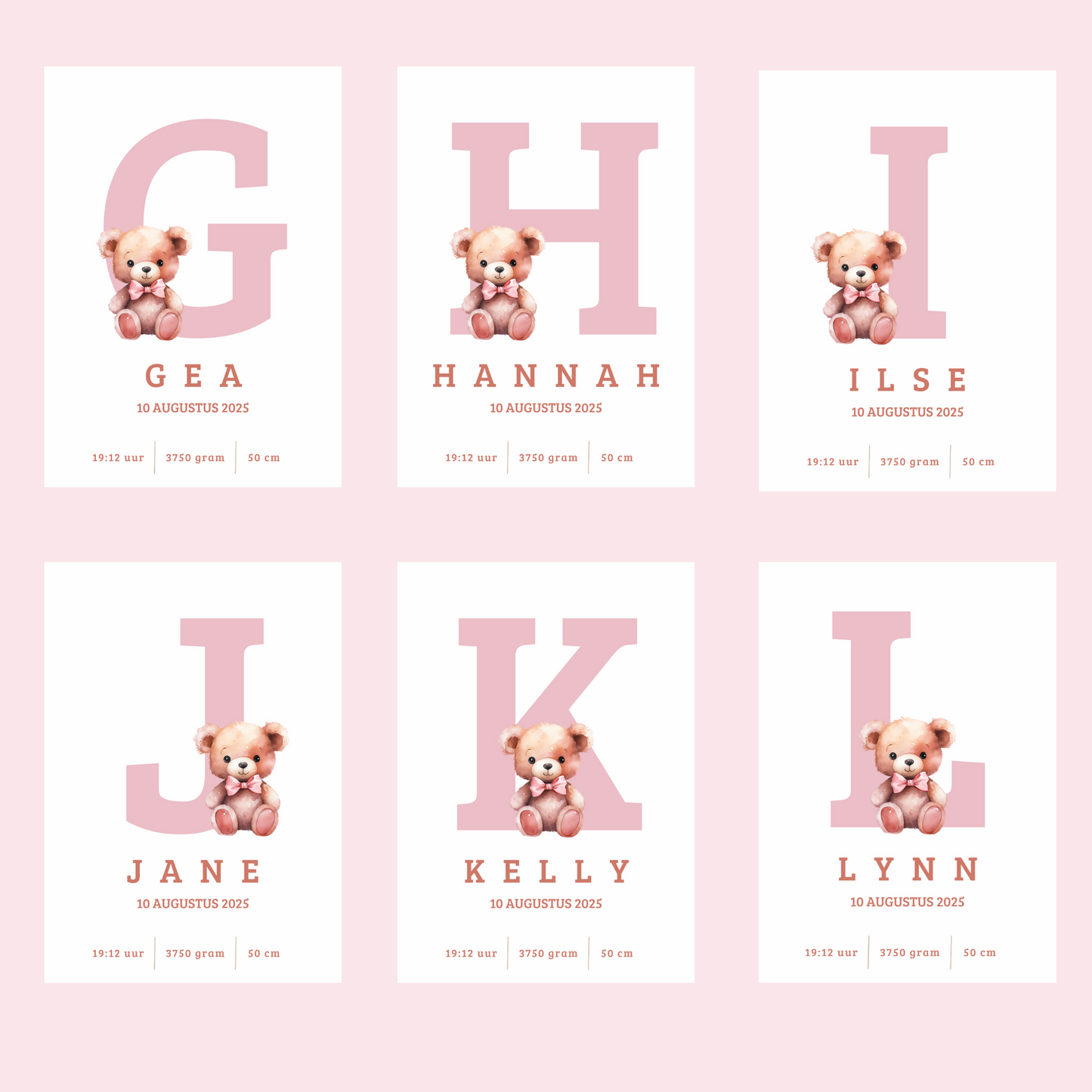 Full Color Poster | Geboorteposter Alfabet Roze