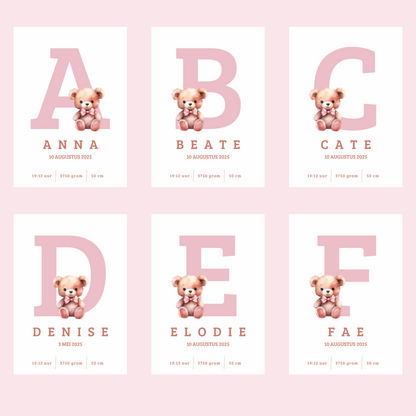Full Color Poster | Geboorteposter Alfabet Roze