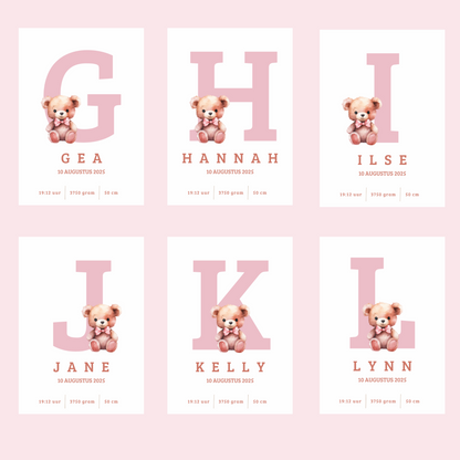 Full Color Poster | Geboorteposter Alfabet Roze