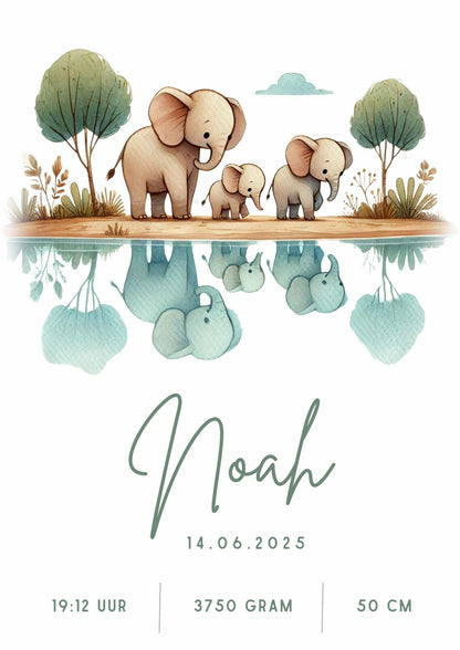 Full Color Poster | Geboorteposter Olifanten Water