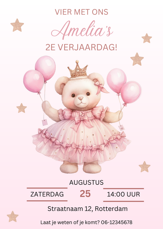 Uitnodiging Kinderfeestje | Roze Beer
