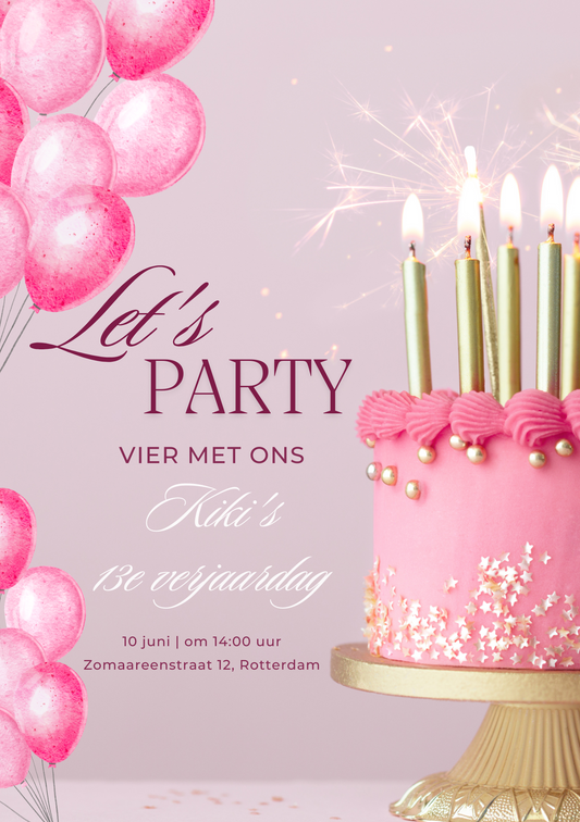 Uitnodiging Feestje | Roze Taart